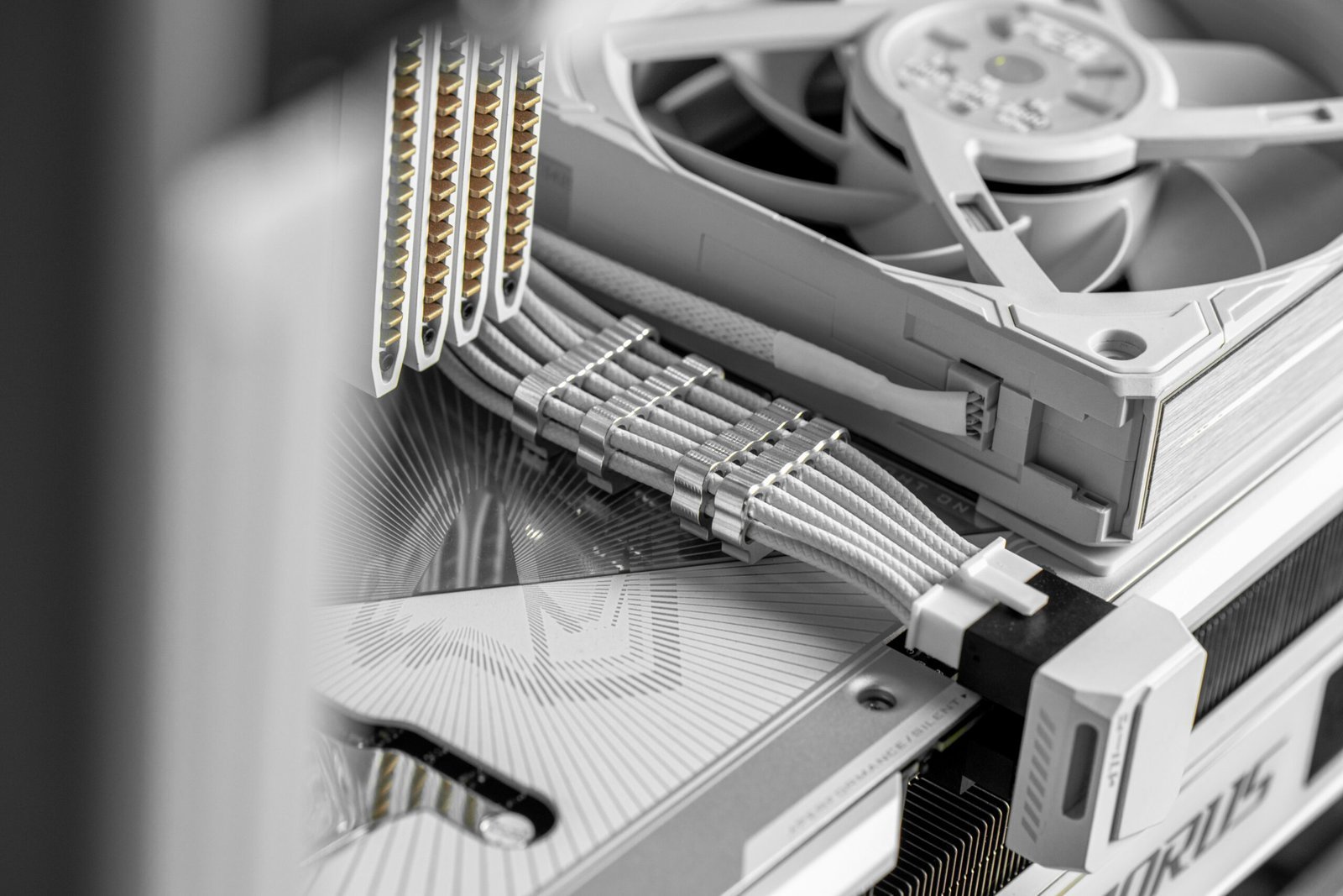 White computer cables and fan detail